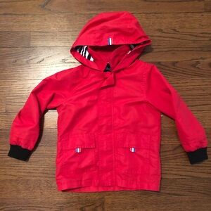 Red raincoat with black and white stripe inside, 3T